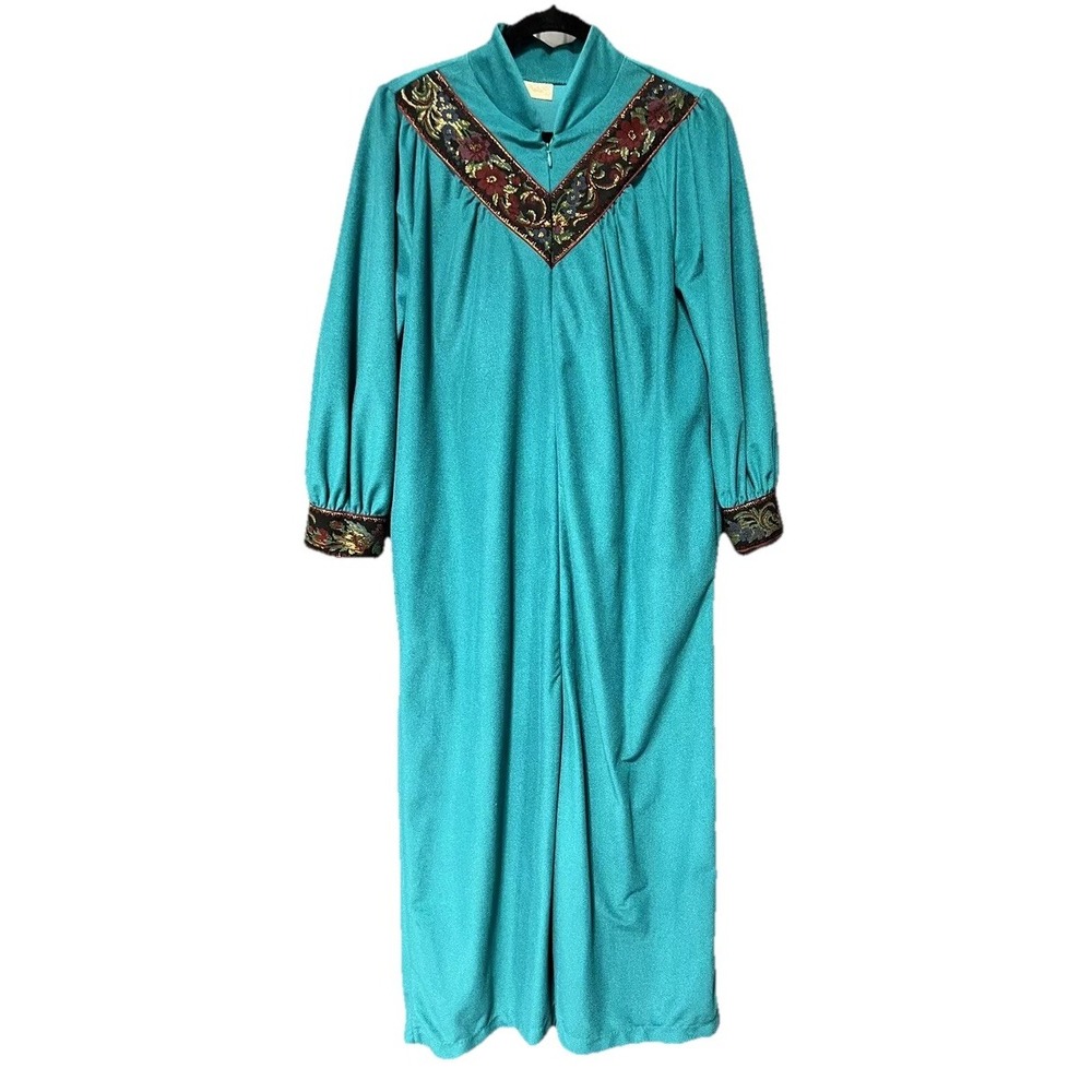 Vtg Beco Originals Housecoat Robe 1/2 Zip Teal Blue Fleece Tapestry Trim‎ Medium